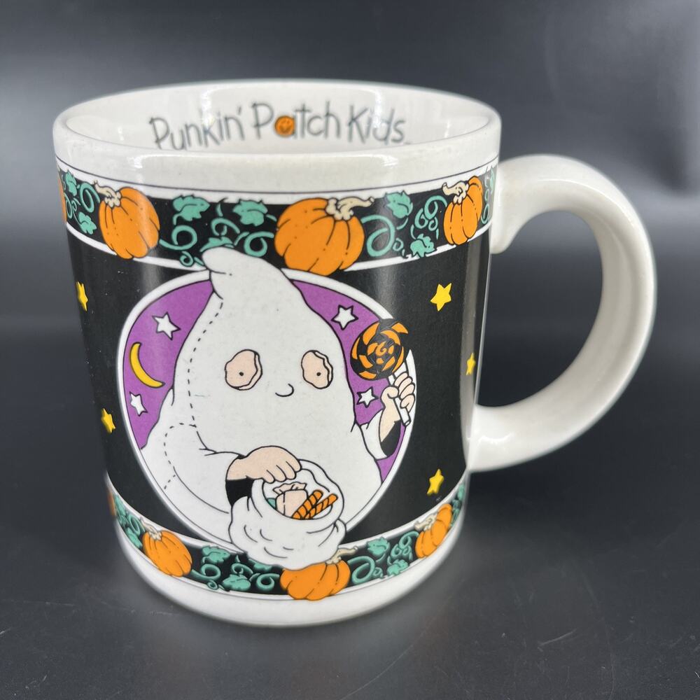 Vintage Punkin’ Patch Kids Ceramic Coffee Mug Halloween Ghost 1987 Pumpkin Cup